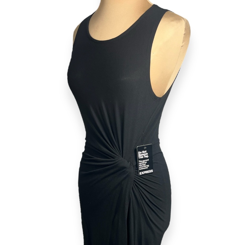 EXPRESS Black Asymmetrical Ruched Midi Sheath Dress Size M effortless versatile - Picture 3 of 9